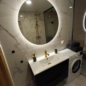 a bathroom with a sink and a mirror at Keskväljaku apartment - with sauna and AC in Võru