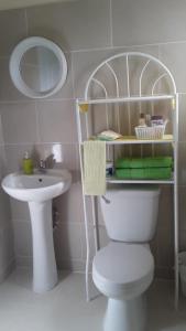 
a bathroom with a toilet and a sink at Punta Cana Macao Guest House in Salado
