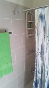 
a bathroom with a shower curtain and a toilet at Punta Cana Macao Guest House in Salado
