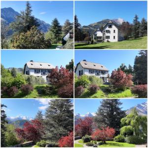 four photos of a house in four different seasons at gîte le couraduque avec bain nordique et sauna en pleine montagne in Arrens-Marsous