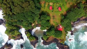 an aerial view of the ocean and a beach at Gombela Ecolodge and Farming in São Tomé