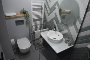 a bathroom with a sink and a toilet and a mirror at Veles Apartments in Sibiu +23 photos