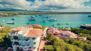 una vista aerea di un porto con barche in acqua di Hotel Angermeyer Waterfront Inn a Puerto Ayora