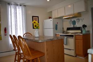 a kitchen with a counter with chairs and a refrigerator at Cozy 2nd story Flat near downtown in Adrian