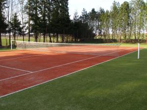una pista de tenis con red y algunos árboles en Mokko Saunahouse, en Änkküla