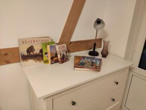 un tavolo con libri e una lampada sopra di Ferienwohnung auf dem Pferdehof a Sumte