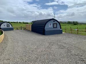 un par de cobertizos azules en un campo en Thistle Pod at Ayrshire Rural Retreats Farm Stay Hottub Sleeps 2 en Galston
