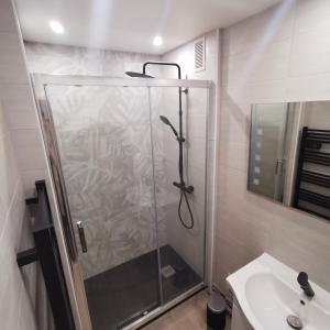 La salle de bains est pourvue d'une douche et d'un lavabo. dans l'établissement Chambre cocooning tout confort Saint Marceau, à Orléans