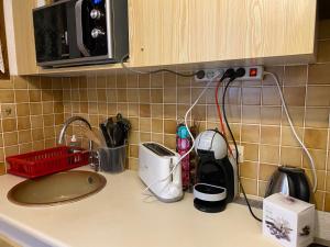 un bancone da cucina con lavello e microonde di Superbe Duplex aux Saintes terrasse plein sud 3*** a Saintes-Maries-de-la-Mer Altre 18 foto