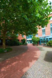 a brick walkway in front of a building with a tree at GHOTEL hotel & living Hannover in Hannover