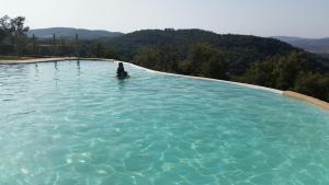 a person in a pool of water with mountains in the background at Finca El Chaparral in Cortelazor