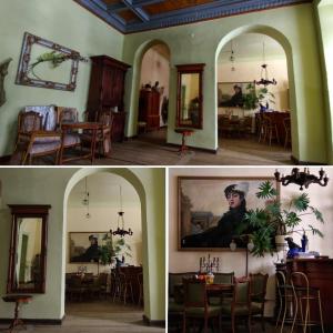 two pictures of a room with a table and mirrors at Pałac Paprotno in Karnitz