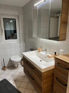 ein Badezimmer mit einem Waschbecken, einem WC und einem Spiegel in der Unterkunft Ferienwohnung "drei Burgen Blick" in Sankt Goar