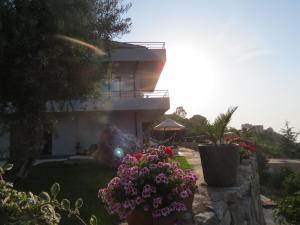 a house with flowers in front of a yard at La Casa del Riccio in Tindari