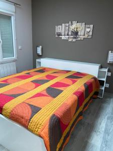 una camera con un letto con una trapunta colorata di La maison des biquettes a Romorantin