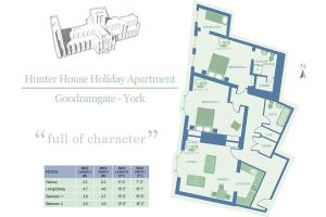 un plano del piso y un gráfico del apartamento de vacaciones de la casa perimetral en Hunter House Holiday Apartment - York, en York