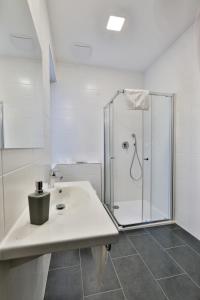 baño blanco con ducha y lavamanos en Apartmány Na handě, en Boží Dar