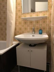 uma casa de banho com um lavatório branco e um espelho. em Antik Chic mit Gartenblick em Obermoos