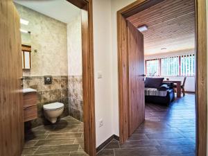 a bathroom with a toilet and a chair in a room at APARTMA NIKA in Ribnica na Pohorju
