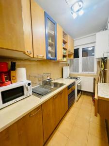 eine Küche mit Mikrowelle und Spüle in der Unterkunft Joy City Stay Angela Sava 6 in Timişoara