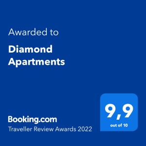 Ett certifikat, pris eller annat dokument som visas upp på Diamond Apartments
