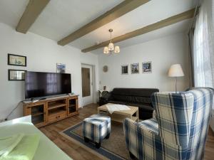 Il comprend un salon doté d'un canapé et d'une télévision à écran plat. dans l'établissement Apartment mit Terrasse No1, à Quedlinbourg