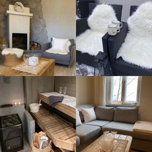 a collage of four pictures of a living room at Villa Pyhäjärvi in Tampere