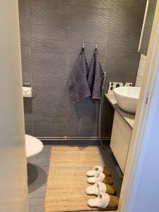 a bathroom with a sink and a toilet and a rug at Villa Pyhäjärvi in Tampere +19 photos