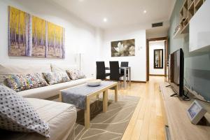 a living room with a couch and a table and a tv at Apartamentos Adelfas in Madrid