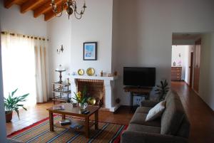 un soggiorno con divano e camino di O Monte da Estrada a Zambujeira do Mar