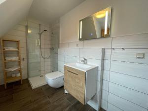 ein Bad mit einem WC, einem Waschbecken und einer Dusche in der Unterkunft Apartment mit Balkon No5 in Quedlinburg