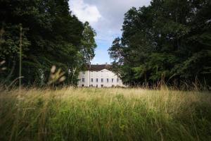 un edificio blanco en medio de un campo de hierba alta en Château Armand Heitz - Domaine Armand Heitz, en Chaudenay