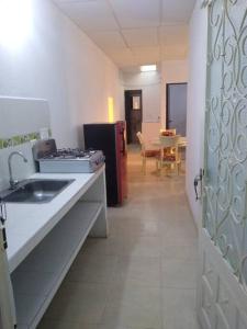 La cuisine est équipée d'un évier et d'un réfrigérateur. dans l'établissement Apartamento amoblado 204, à Granada