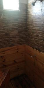a bathroom with wooden walls and a window and a tub at Las zarinas 1 in Trapiche