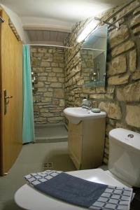 uma casa de banho com um lavatório e uma parede de pedra em Kalpaki luxury maisonette 4 em Kalpákion