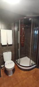 a bathroom with a toilet and a glass shower at La Posada De La Magistral in Alcalá de Henares +20 photos