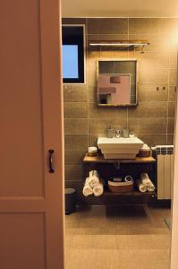 een badkamer met een wastafel en een spiegel bij Apartament Aretta in Braşov