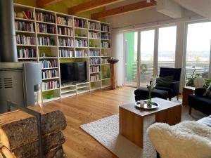 ein Wohnzimmer mit Bücherregalen und einem TV in der Unterkunft Ferienwohnung Nussbaum-Nest in Hausen