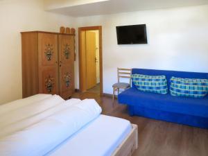 sypialnia z niebieską kanapą i telewizorem w obiekcie Apartment Heisenhaus-2 by Interhome w mieście Ramsau im Zillertal +16 zdjęć