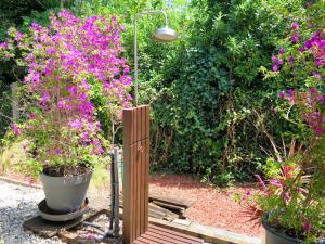 un jardín con flores rosas y una valla de madera en Holiday Home Les Bains Douche - SUL180 by Interhome en Soulac-sur-Mer