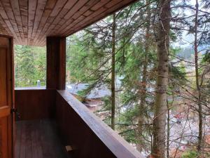 a room with a large window looking out at a tree at Mikerynos 1 in Sinaia