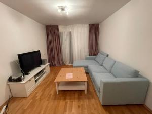 a living room with a blue couch and a television at Mikerynos 1 in Sinaia