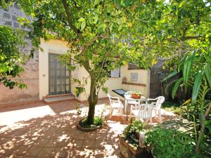 un patio con mesa y sillas bajo un árbol en Apartment Limoneto a Priora by Interhome en Massa Lubrense