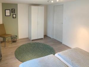 a bedroom with a bed and a green rug at Holiday Home Vosshörn by Interhome in Westerschoo