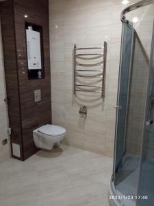 a bathroom with a toilet and a shower at Vanalinna Apartment in Narva