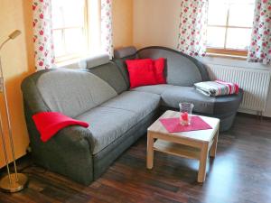 a living room with a gray couch with red pillows at Chalet Weitsicht by Interhome in Lichtenhain