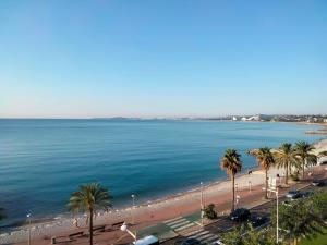 a view of a beach with palm trees and the ocean at Apartment L'Angelina-1 by Interhome in Cros-de-Cagnes