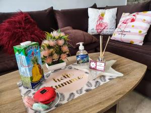 a coffee table with a napkin that reads happy birthday at FamilyConfort Saidia in Saïdia