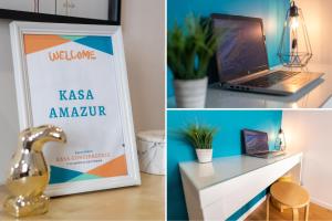 un collage d'images avec un ordinateur portable et un panneau dans l'établissement KASA AMAZUR - Centre ville & Cosy, à Saint-Étienne