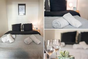 1 dormitorio con 1 cama con toallas y copas de vino en KASA AMAZUR - Centre ville & Cosy, en Saint-Étienne